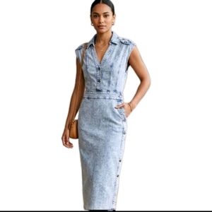 H&M Denim Maxi Dress Cap Sleeves Button up Wrap Skirt Collared sz 6 Blue
